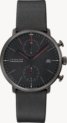 Junghans Max Bill Chronoscope Bauhaus (40 mm) schwarzes Zifferblatt / schwarzes Lederarmband 27/4409.02