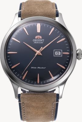 Orient Bambino automático (42 mm) mostrador azul escuro / pulseira de couro bege RA-AC0P02L30B