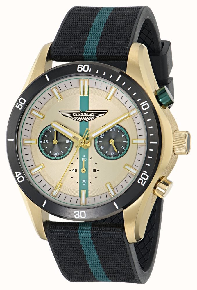 Aston Martin Thrill CLP Quartz Chronograph (45mm) Champagne Dial / Black & Podium Green Flex Strap MTRL1F601 - vista alternativa 2