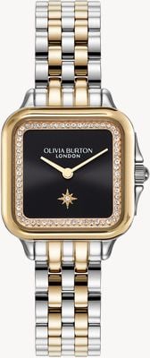 Olivia Burton Grosvenor (28 mm) schwarzes quadratisches Zifferblatt / zweifarbiges Edelstahlarmband 24000124