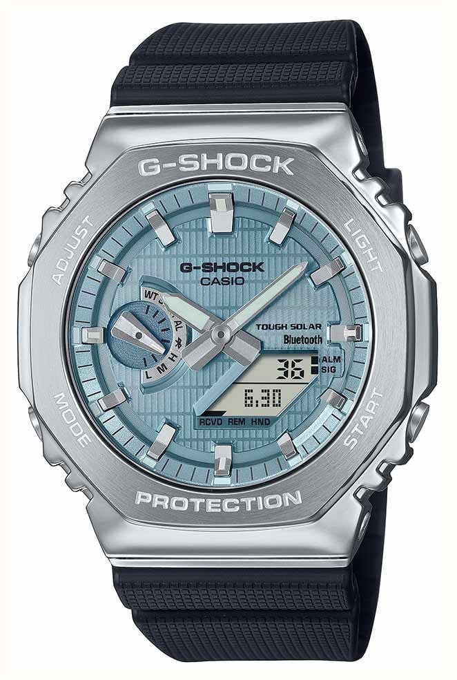 Casio G Shock Metal Covered 2100 44.4mm Sky Blue Dial Black Bio Based Resin Strap GBM 2100A 1A2ER