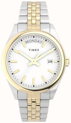 Timex Esfera blanca heredada para mujer/brazalete de acero inoxidable de dos tonos TW2V68500