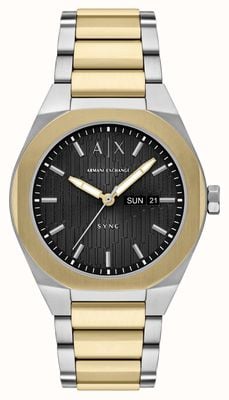 Armani Exchange Quarzo a tre lancette con giorno/data (42 mm), quadrante nero testurizzato / bracciale in acciaio inossidabile bicolore AX4298