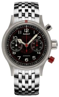 Hanhart Montre tachytélé automatique Pioneer (40 mm), cadran noir / bracelet en acier inoxydable 712.210-6428