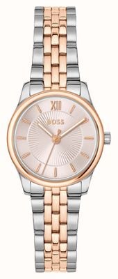 BOSS Elegante Mina Quarzuhr mit drei Zeigern (25 mm), rosafarbenem Zifferblatt und zweifarbigem Edelstahlarmband 1502842