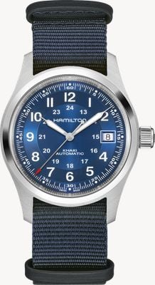 Hamilton Khaki Field Automatik (38 mm) blaues Zifferblatt mit Sonnenschliff / blaues NATO-Armband H70455940