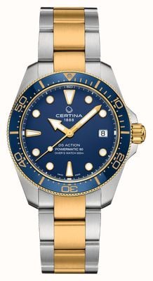 Certina DS Action Diver Powermatic 80 (38 mm) blauwe wijzerplaat / tweekleurige roestvrijstalen band C0488072204100