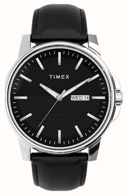 Timex Męska sukienka czarna tarcza czarny skórzany pasek TW2V79300