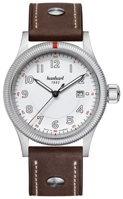 Hanhart Pioneer One automatico (42 mm) quadrante bianco / cinturino in pelle marrone scuro con rivetti - m 762.200-0110