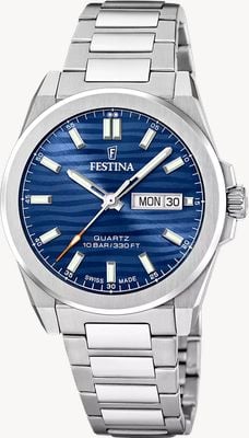 Festina Relógio suíço Dune com indicador de dia/data, movimento de quartzo (39,8 mm), mostrador azul ondulado e pulseira de aço inoxidável. F20073/3