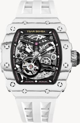 TSAR BOMBA Elemental Series Carbon-Fiber Automatic (43mm) Black Skeleton Dial / Elite White Silicone Strap TB8208CF-35