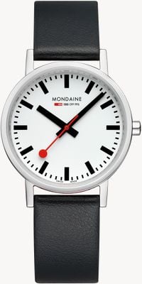 Mondaine Klassisch (36 mm) weißes Zifferblatt / schwarzes veganes Traubenlederarmband A660.30314.11SBBV