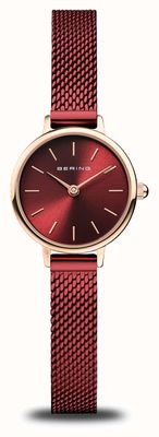 Bering Klassisches Damen-Armband (22 mm) mit rotem Zifferblatt und rotem Edelstahl-Mesh-Armband 11022-363