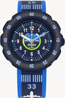 Flik Flak Mostrador azul de decolagem infantil (34,75 mm) / pulseira de tecido com padrão de avião azul FPSP068