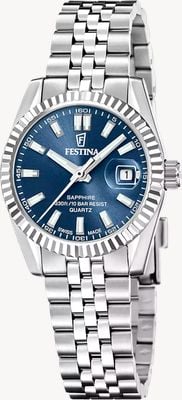 Festina Klassisches Schweizer Quarzwerk (29 mm), blaues Zifferblatt mit Sonnenschliff / Edelstahlarmband F20087/4