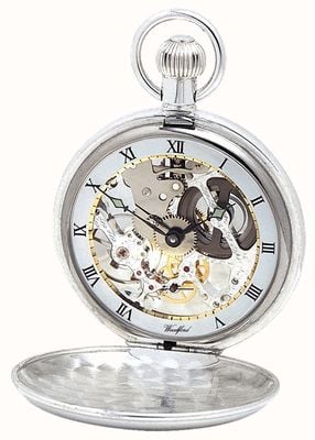 Woodford Relógio de bolso prateado com tampa dupla e corrente albert 1065