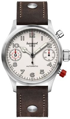 Hanhart Pioneer Twindicator Automatik-Chronograph (45 mm), antikes weißes Zifferblatt / dunkelbraunes Lederarmband - m 730.200-0110