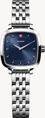 Wenger Klassischer Vintage-Quarz-Schriftzug (27 mm) mit blauem Sonnenschliff-Zifferblatt und Edelstahlarmband 01.1911.103