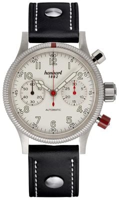 Hanhart Chronographe automatique Pioneer mk ii (40 mm), cadran blanc antique / bracelet en cuir noir à rivets - m 716.200-0010