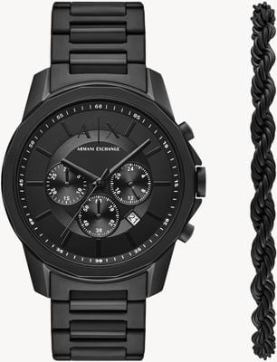 Armani Exchange Coffret cadeau montre et bracelet (44 mm) cadran noir / bracelet en acier inoxydable PVD noir AX7163SET