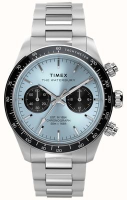 Timex Chronographe Waterbury Heritage (39 mm), cadran bleu glacier soleillé / bracelet en acier inoxydable TW2Y70500