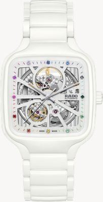 RADO Echtes quadratisches Open Heart-Automatik-Zifferblatt (38 mm) mit Regenbogen-Edelsteinen und Skelett-Design / weißes Keramikarmband R27073712