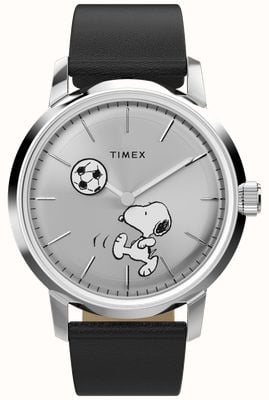 Timex X 花生马林自动足球腕表（40毫米）银色表盘/黑色皮表带 TW2Y53800