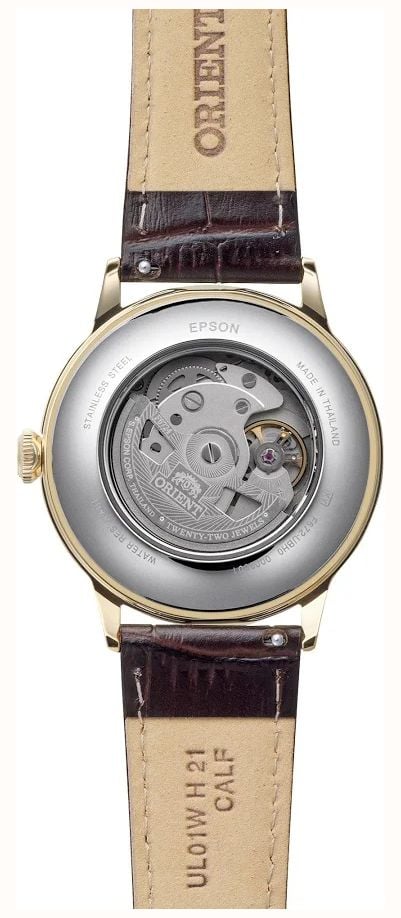 Orient Men's Automatic Gold Tone Stainless Steel Case Brown Leather Strap With Domed Mineral Crystal RA-AC0028S30B - vue alternative 4