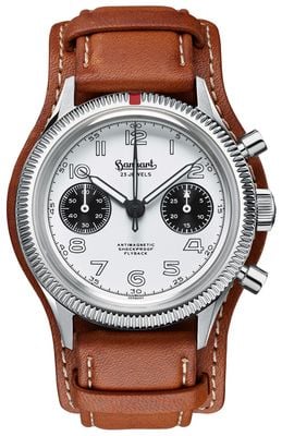 Hanhart 417 es 1954 Flyback Panda (39 mm) weißes Zifferblatt / hellbraunes Lederarmband - m H701.201-7210