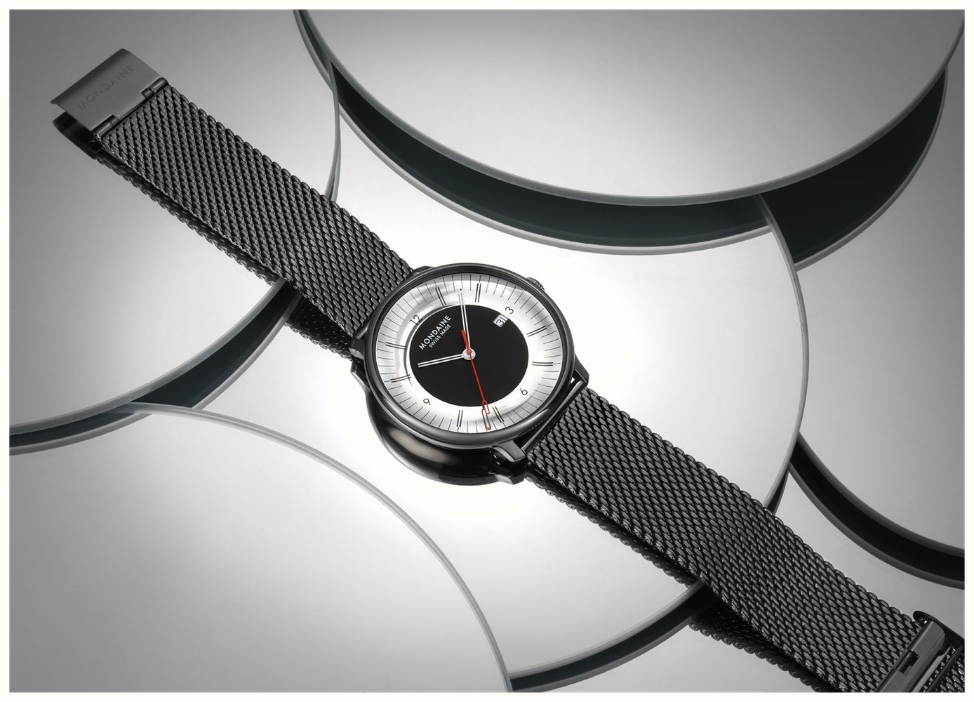 Mondaine Doppio Mirror Limited Edition (41mm) Mirror & Black Dial / Black Stainless Steel Mesh Bracelet Watch MLE.41280.SM - alternate view 7