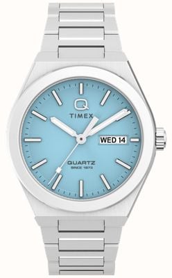 Q Timex Continental Day/Date (39 mm), hellblaues Zifferblatt mit radialer Struktur / Edelstahlarmband TW2Y35200