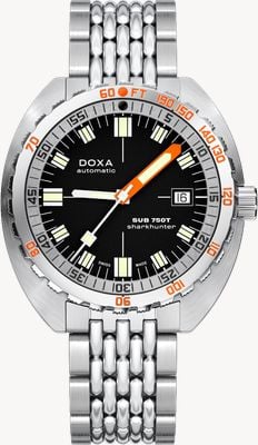 DOXA Sub 750t Sharkhunter (45 mm) schwarzes ikonisches Zifferblatt / Reiskornarmband aus Edelstahl 825.10.101.10