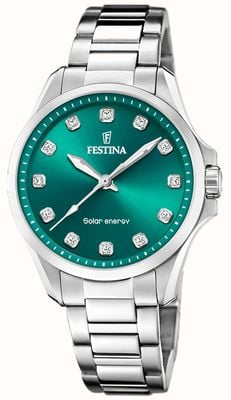 Festina Relógio feminino de energia solar (34 mm) verde / pulseira de aço inoxidável F20654/3