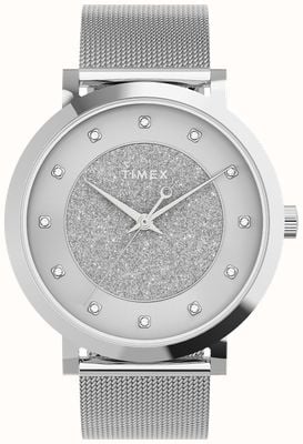Timex Женское небесное великолепие, серебристый корпус диаметром 38 мм / серебристый циферблат с блестками и кристаллами TW2U67000
