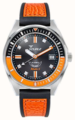 Squale Matic S Automatik (39 mm) schwarzes Zifferblatt mit Sonnenschliff / schwarzes und orangefarbenes Hydrolederarmband MATICBKOBK.RLOR