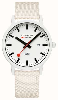 Mondaine Essence solar (41 mm) z białą tarczą / paskiem tekstylnym w kolorze złamanej bieli MS1.41910.LA