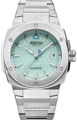 Alpina Alpiner Extreme Solámetro (37,5 mm), esfera con patrón triangular verde menta y brazalete de acero inoxidable AL-140LGR3AE6B