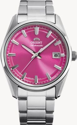 Orient Stretto Date Automatic Limited Edition (38,5 mm) Quadrante rosa con motivo a raggi di sole / Bracciale in acciaio inossidabile RA-AC0R07P30B