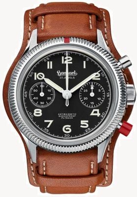 Hanhart 417 ES Heritage Flyback – roter Drücker (39 mm), schwarzes Zifferblatt / braunes Lederarmband – M H701.212-7210
