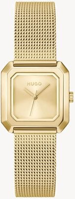HUGO #hazel driewijzer quartz (24 mm) gouden wijzerplaat / gouden PVD roestvrijstalen mesh-armband 1540184
