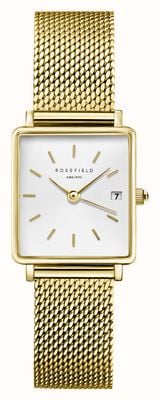 Rosefield Boxy XS (22 mm) cadran blanc / bracelet en maille d'acier inoxydable plaqué or QMWMG-Q039