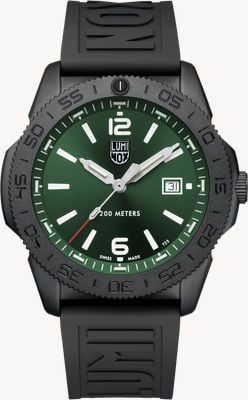 Luminox Pacific Diver: Schwarzer Stahl – Serie 3120 (44 mm) grünes Zifferblatt mit Sonnenschliff / schwarzes, passgenaues EPDM-Armband XS.3137.B