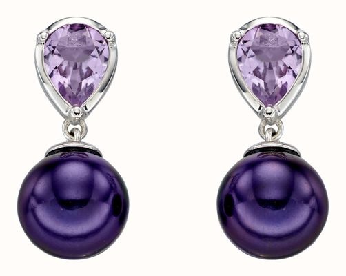 Elements Gold 9k White Gold Amethyst And Peacock Pearl Drop Earrings GE2291M