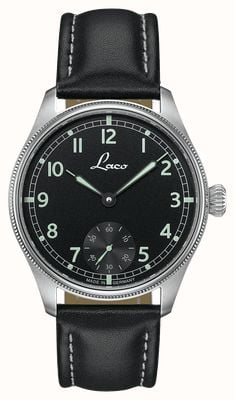Laco Bremerhaven met kleine secondewijzer, handopwinding (42,5 mm), zwarte wijzerplaat / zwarte leren band 862105.2