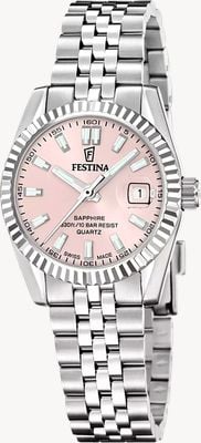Festina Klassisches Schweizer Quarzwerk (29 mm), rosafarbenes Zifferblatt mit Sonnenschliff / Edelstahlarmband F20087/2