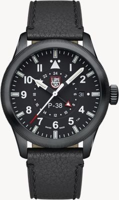 Luminox Zegarek P-38 Lightning GMT seria 9520 'Black Stealth' (42mm) czarna tarcza / czarny skórzany pasek XA.9531