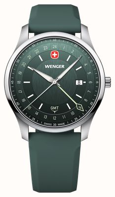 Wenger City GMT Quarz (42 mm) gebürstetes grünes Zifferblatt / grünes Silikonarmband 01.1442.101