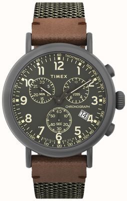 Timex Crono padrão 41mm caixa cinza mostrador verde-oliva pulseira de couro de tecido verde-oliva TW2U89500