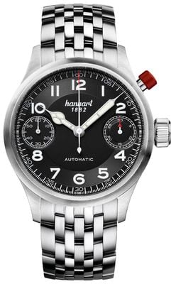 Hanhart Chronographe automatique Pioneer Monoscope (45 mm), cadran noir / bracelet en acier inoxydable 732.210-6428