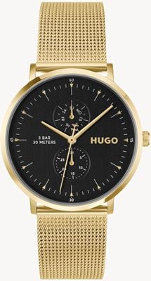 HUGO Montre multifonction à quartz (40 mm), cadran noir, bracelet en maille d'acier inoxydable plaqué or. 1530458